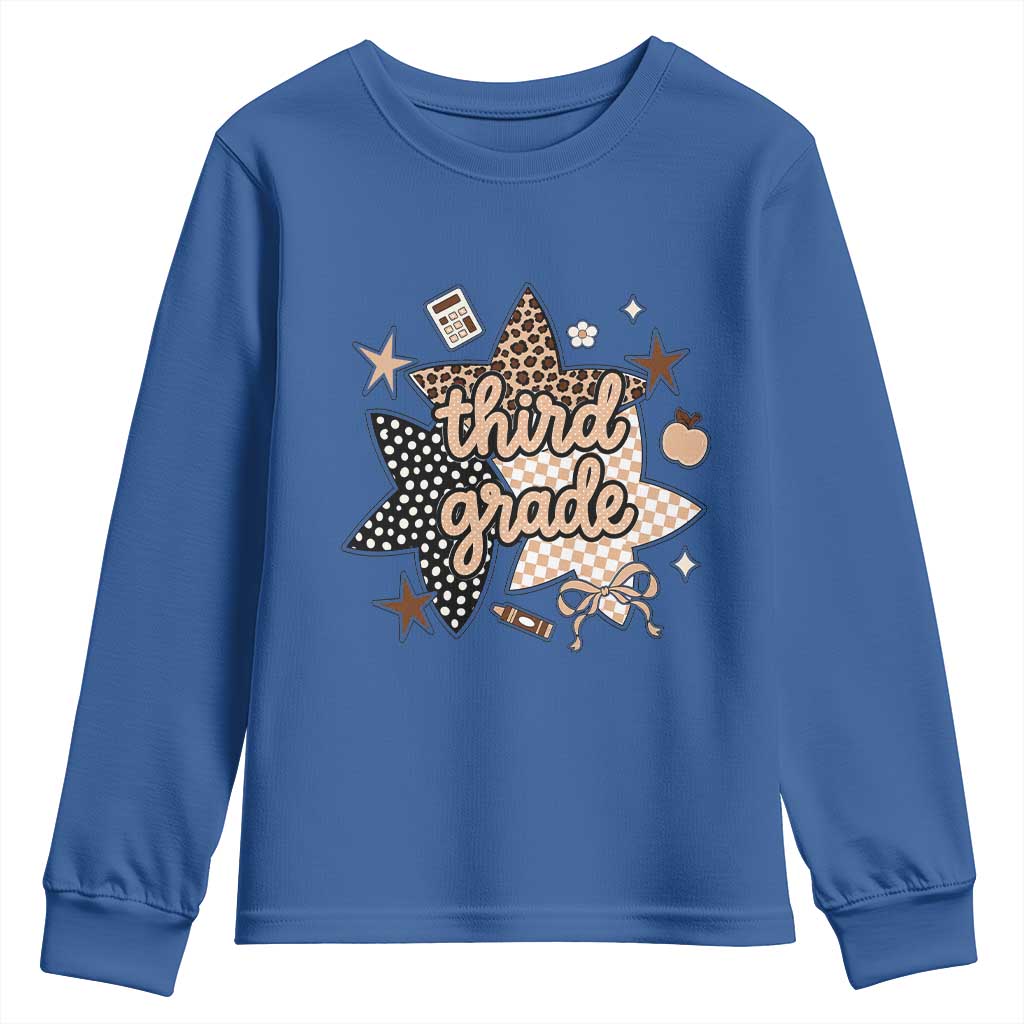 Third Grade Leopard Checkered Star Coquette Youth Sweatshirt Cute 3rd Grade Girl Back to School Gift TS02 Royal Blue Print Your Wear