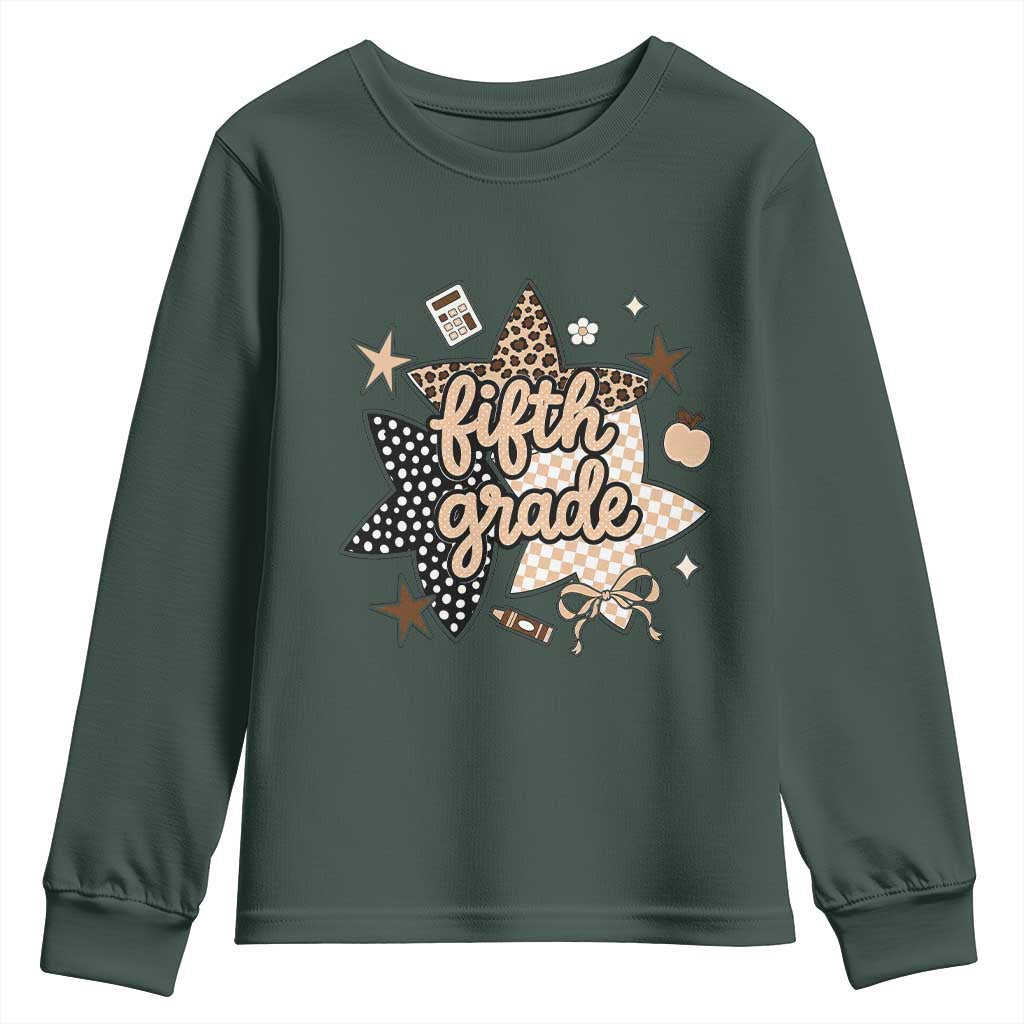 Fifth Grade Leopard Checkered Star Coquette Youth Sweatshirt Cute 5th Grade Girl Back to School Gift TS02 Dark Forest Green Print Your Wear