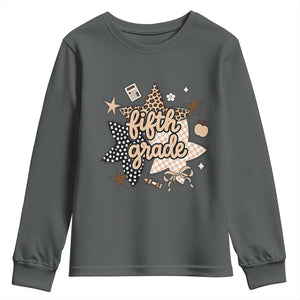 Fifth Grade Leopard Checkered Star Coquette Youth Sweatshirt Cute 5th Grade Girl Back to School Gift TS02 Dark Heather Print Your Wear