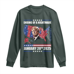 President Trump Inauguration Day 2025 Long Sleeve Shirt Ending Of A Nightmare January 20th 2025 Red States Map TS02 Dark Forest Green Print Your Wear