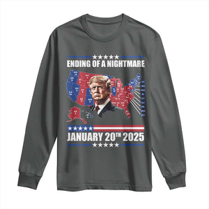 President Trump Inauguration Day 2025 Long Sleeve Shirt Ending Of A Nightmare January 20th 2025 Red States Map TS02 Dark Heather Print Your Wear