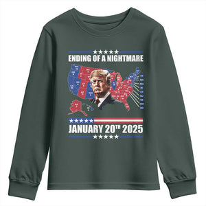 President Trump Inauguration Day 2025 Youth Sweatshirt Ending Of A Nightmare January 20th 2025 Red States Map TS02 Dark Forest Green Print Your Wear