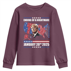 President Trump Inauguration Day 2025 Youth Sweatshirt Ending Of A Nightmare January 20th 2025 Red States Map TS02 Maroon Print Your Wear