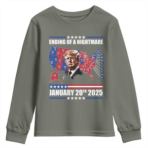 President Trump Inauguration Day 2025 Youth Sweatshirt Ending Of A Nightmare January 20th 2025 Red States Map TS02 Military Green Print Your Wear