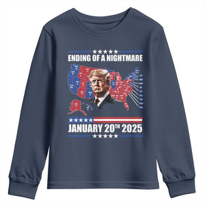 President Trump Inauguration Day 2025 Youth Sweatshirt Ending Of A Nightmare January 20th 2025 Red States Map TS02 Navy Print Your Wear