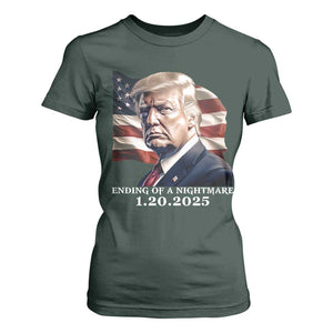 President Trump Inauguration Day 2025 T Shirt For Women Ending Of A Nightmare January 20th American Flag TS02 Dark Forest Green Print Your Wear