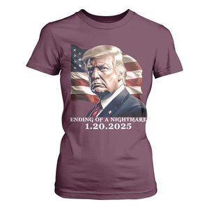 President Trump Inauguration Day 2025 T Shirt For Women Ending Of A Nightmare January 20th American Flag TS02 Maroon Print Your Wear