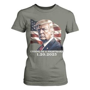 President Trump Inauguration Day 2025 T Shirt For Women Ending Of A Nightmare January 20th American Flag TS02 Military Green Print Your Wear