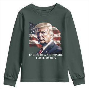 President Trump Inauguration Day 2025 Youth Sweatshirt Ending Of A Nightmare January 20th American Flag TS02 Dark Forest Green Print Your Wear