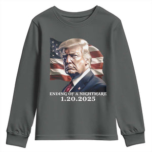 President Trump Inauguration Day 2025 Youth Sweatshirt Ending Of A Nightmare January 20th American Flag TS02 Dark Heather Print Your Wear