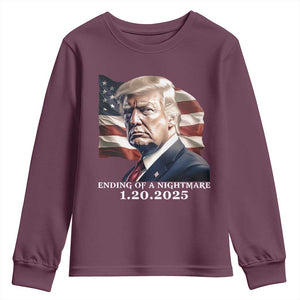 President Trump Inauguration Day 2025 Youth Sweatshirt Ending Of A Nightmare January 20th American Flag TS02 Maroon Print Your Wear