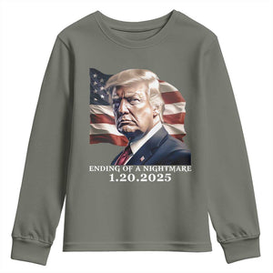 President Trump Inauguration Day 2025 Youth Sweatshirt Ending Of A Nightmare January 20th American Flag TS02 Military Green Print Your Wear