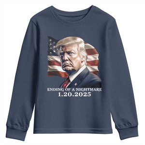 President Trump Inauguration Day 2025 Youth Sweatshirt Ending Of A Nightmare January 20th American Flag TS02 Navy Print Your Wear