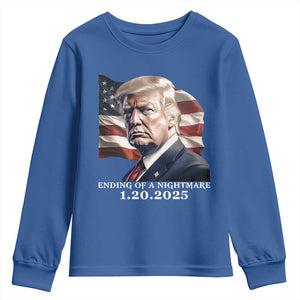 President Trump Inauguration Day 2025 Youth Sweatshirt Ending Of A Nightmare January 20th American Flag TS02 Royal Blue Print Your Wear