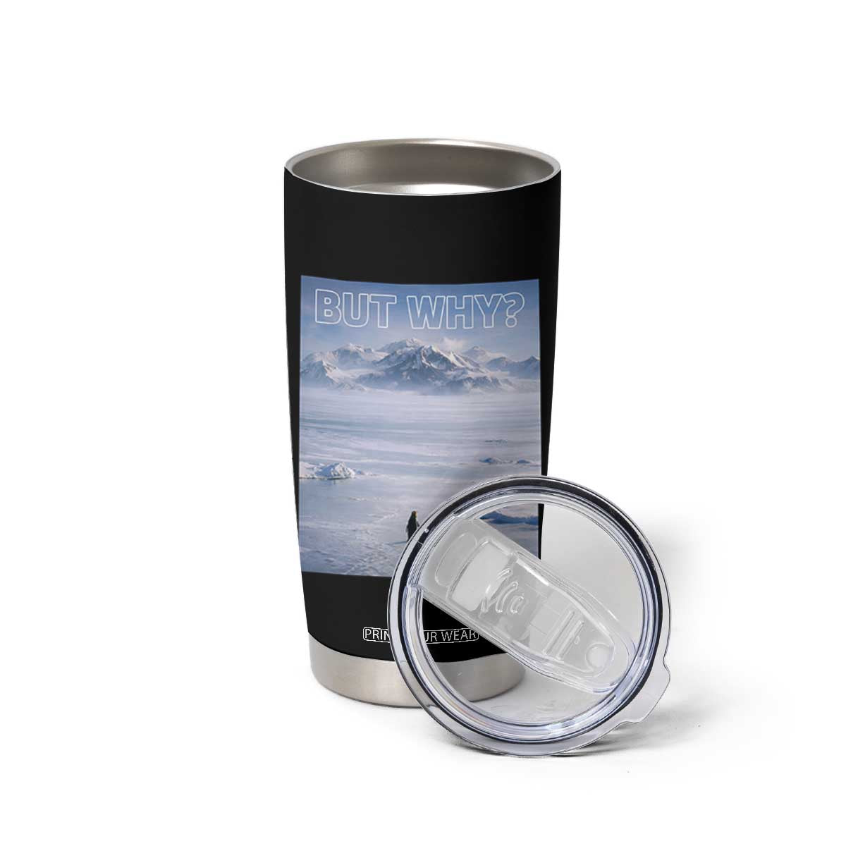 Funny Nihilist Penguin But Why Meme Tumbler Cup Existential Arctic Scene Icy Wilderness Quiet Thinkers TS02 Print Your Wear
