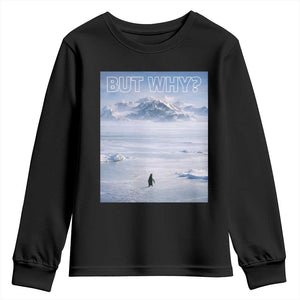 Funny Nihilist Penguin But Why Meme Youth Sweatshirt Existential Arctic Scene Icy Wilderness Quiet Thinkers TS02 Black Print Your Wear