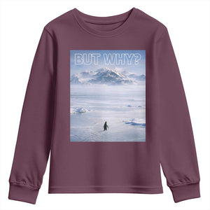 Funny Nihilist Penguin But Why Meme Youth Sweatshirt Existential Arctic Scene Icy Wilderness Quiet Thinkers TS02 Maroon Print Your Wear