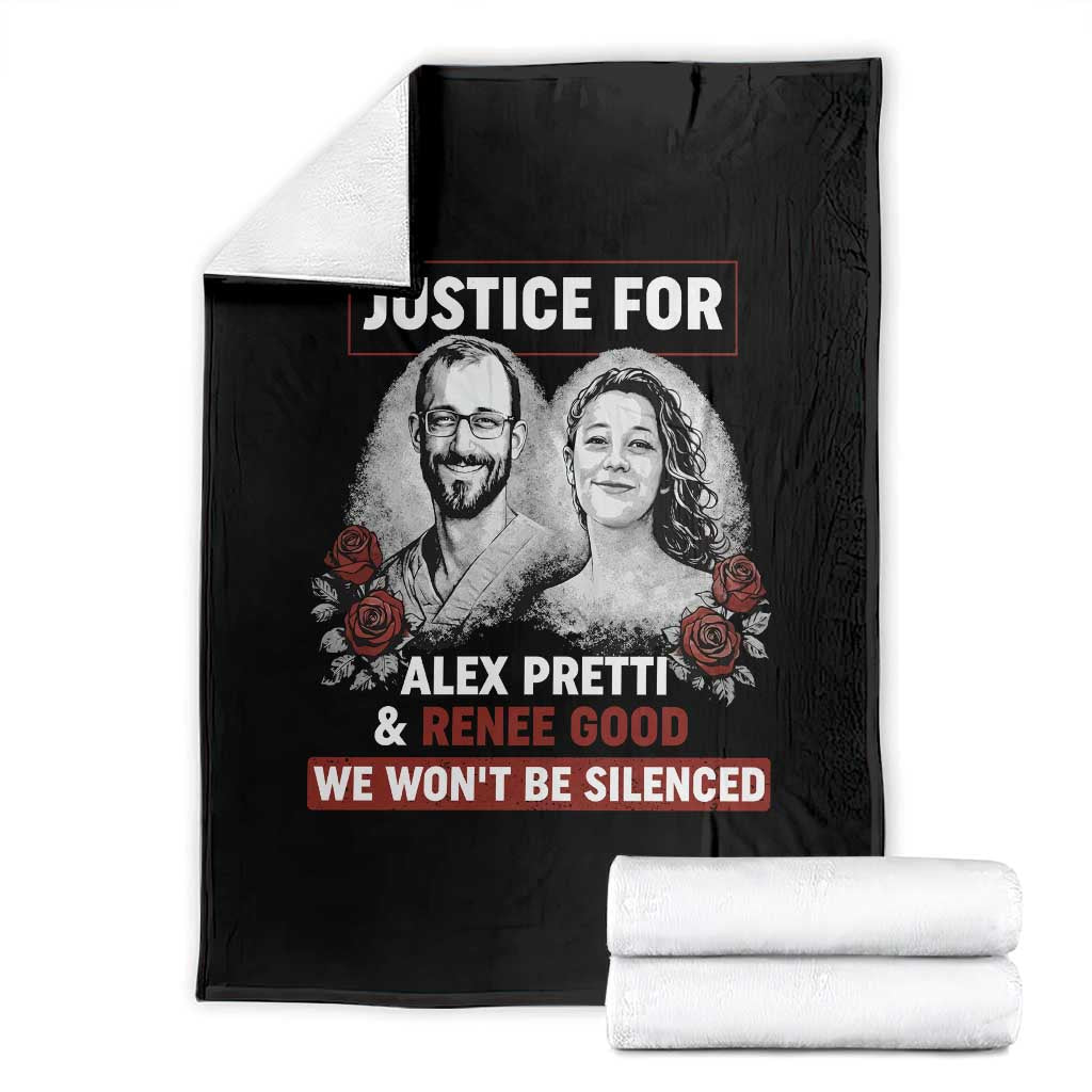 Justice for Alex Pretti and Renee Good Throw Blanket We Won’t Be Silenced Minnesota Resistance Protest TS02 Black Print Your Wear