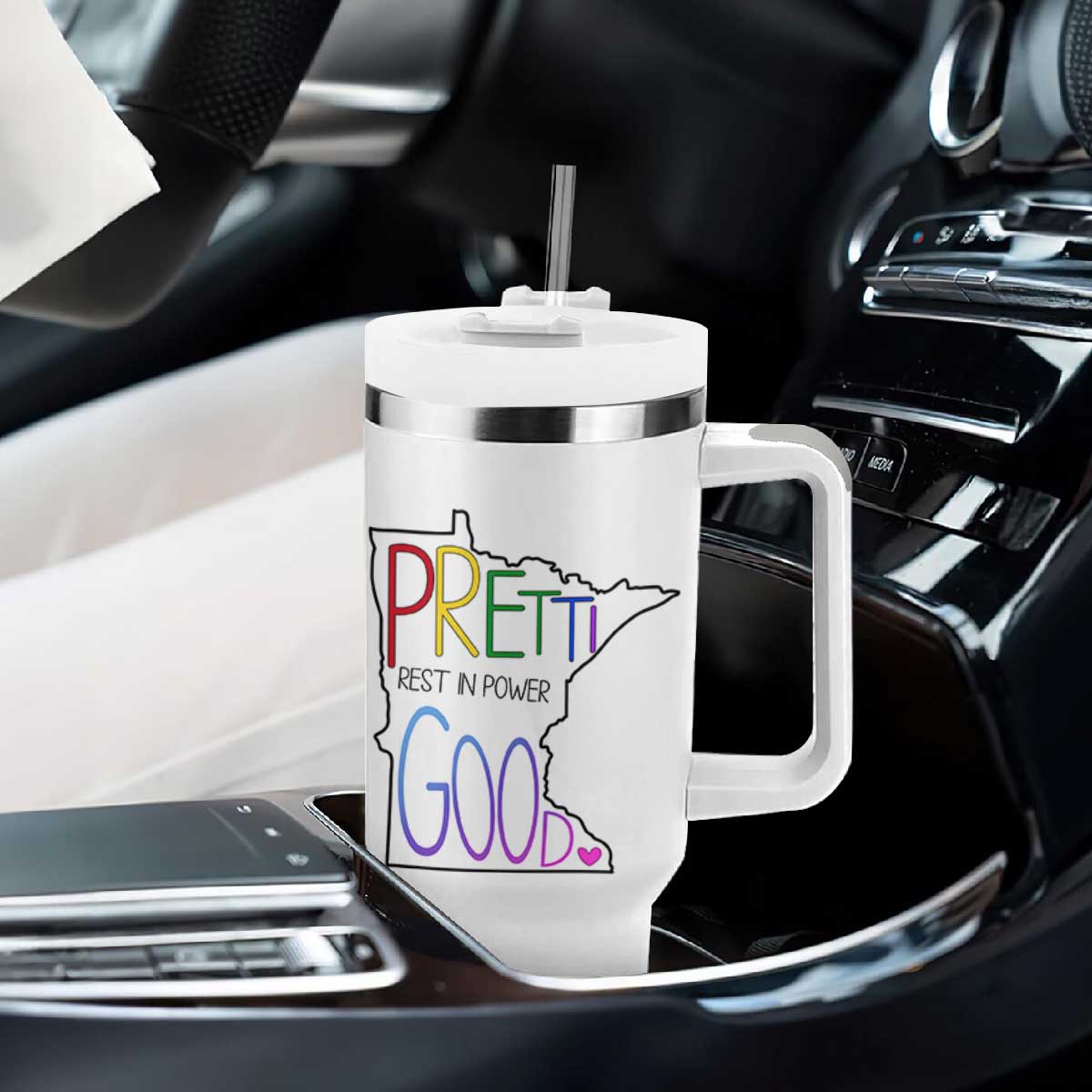 Pretti Good Minnesota Tribute Tumbler With Handle Rest in Power Rainbow Memorial TS02 Print Your Wear