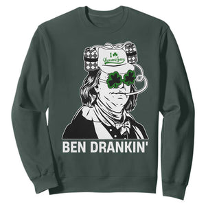 Funny St Patrick's Day Ben Dranking Sweatshirt Benjamin Franklin Retro Saint Paddy's Day TS02 Dark Forest Green Print Your Wear