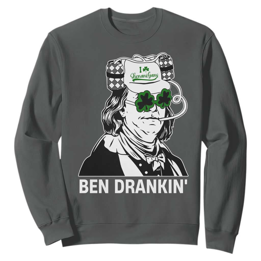 Funny St Patrick's Day Ben Dranking Sweatshirt Benjamin Franklin Retro Saint Paddy's Day TS02 Dark Heather Print Your Wear