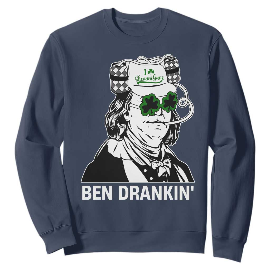 Funny St Patrick's Day Ben Dranking Sweatshirt Benjamin Franklin Retro Saint Paddy's Day TS02 Navy Print Your Wear