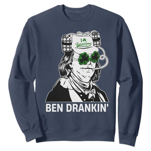 Funny St Patrick's Day Ben Dranking Sweatshirt Benjamin Franklin Retro Saint Paddy's Day TS02 Navy Print Your Wear