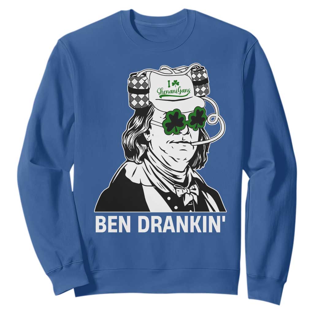 Funny St Patrick's Day Ben Dranking Sweatshirt Benjamin Franklin Retro Saint Paddy's Day TS02 Royal Blue Print Your Wear