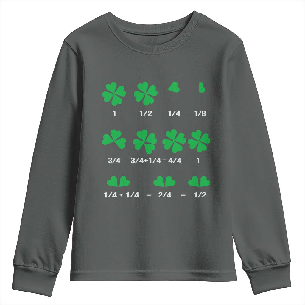 Funny Shamrock Fraction Youth Sweatshirt St Patrick's Day Math Lover TS02 Dark Heather Print Your Wear