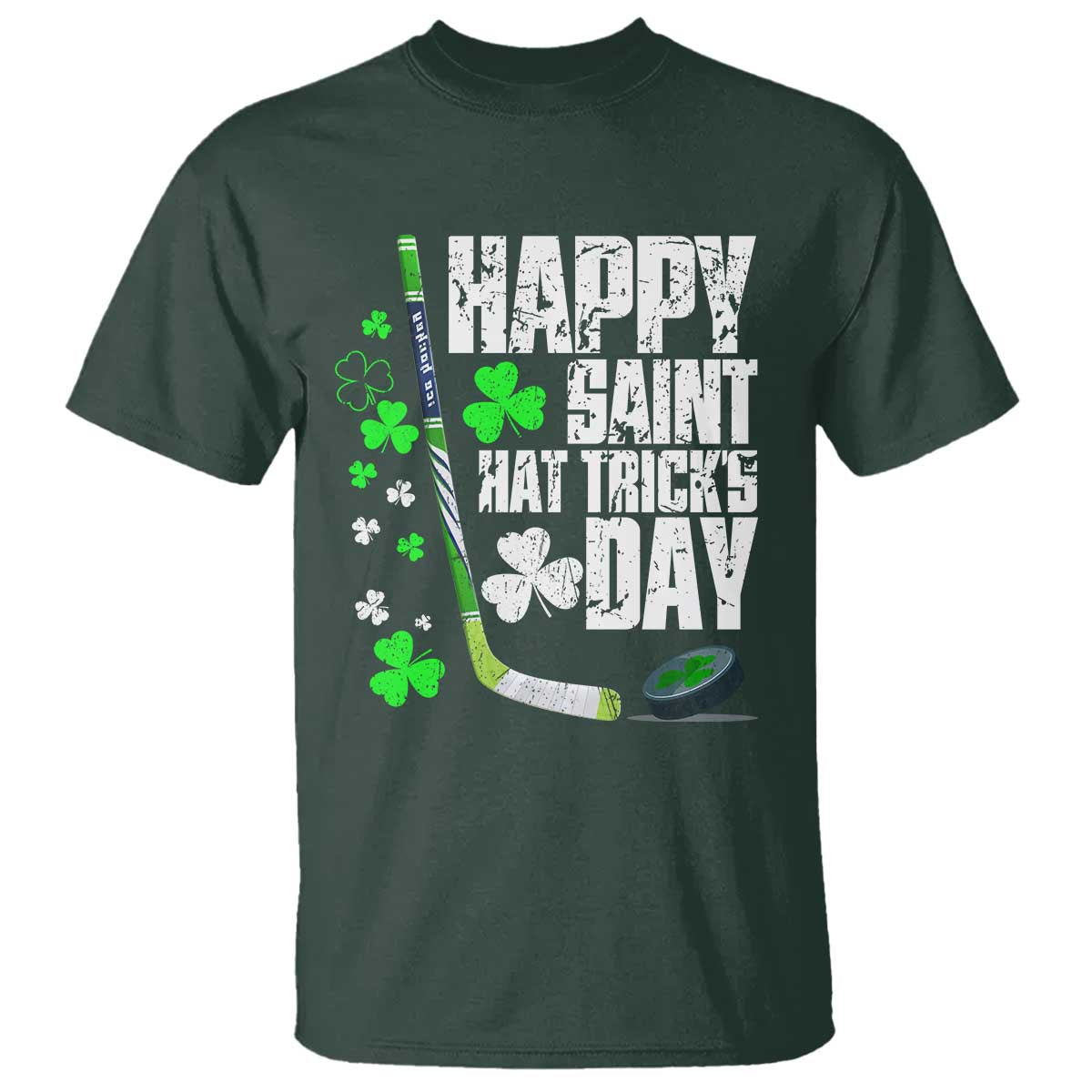 St. Patrick's Day Ice Hockey T Shirt Happy Saint Hat Trick's Lucky Shamrocks TS02 Dark Forest Green Print Your Wear