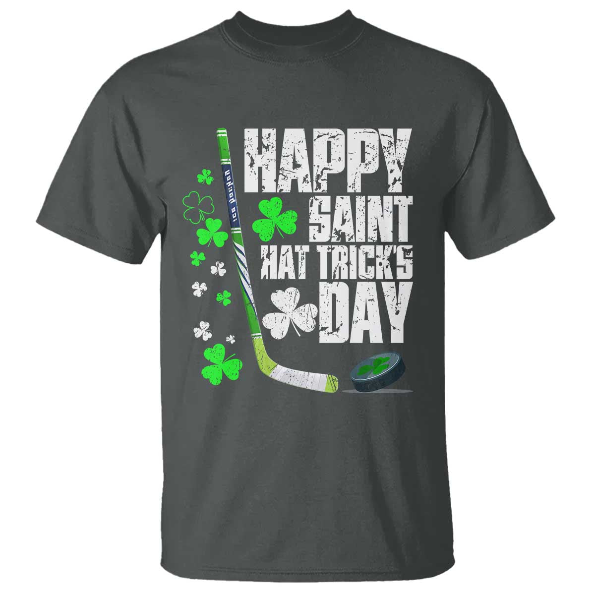 St. Patrick's Day Ice Hockey T Shirt Happy Saint Hat Trick's Lucky Shamrocks TS02 Dark Heather Print Your Wear