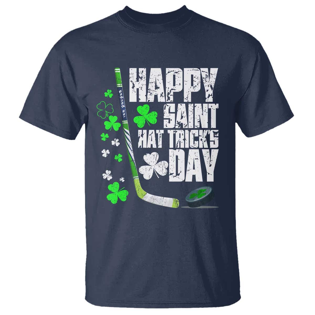 St. Patrick's Day Ice Hockey T Shirt Happy Saint Hat Trick's Lucky Shamrocks TS02 Navy Print Your Wear