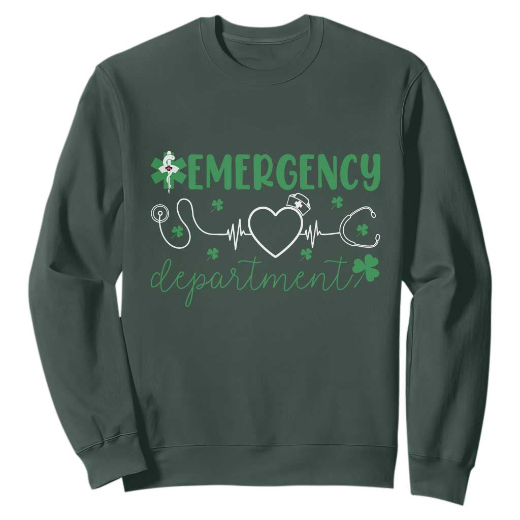 Funny St Patricks Day ER Nurse Sweatshirt Emergency Department Lucky Shamrocks TS02 Dark Forest Green Print Your Wear