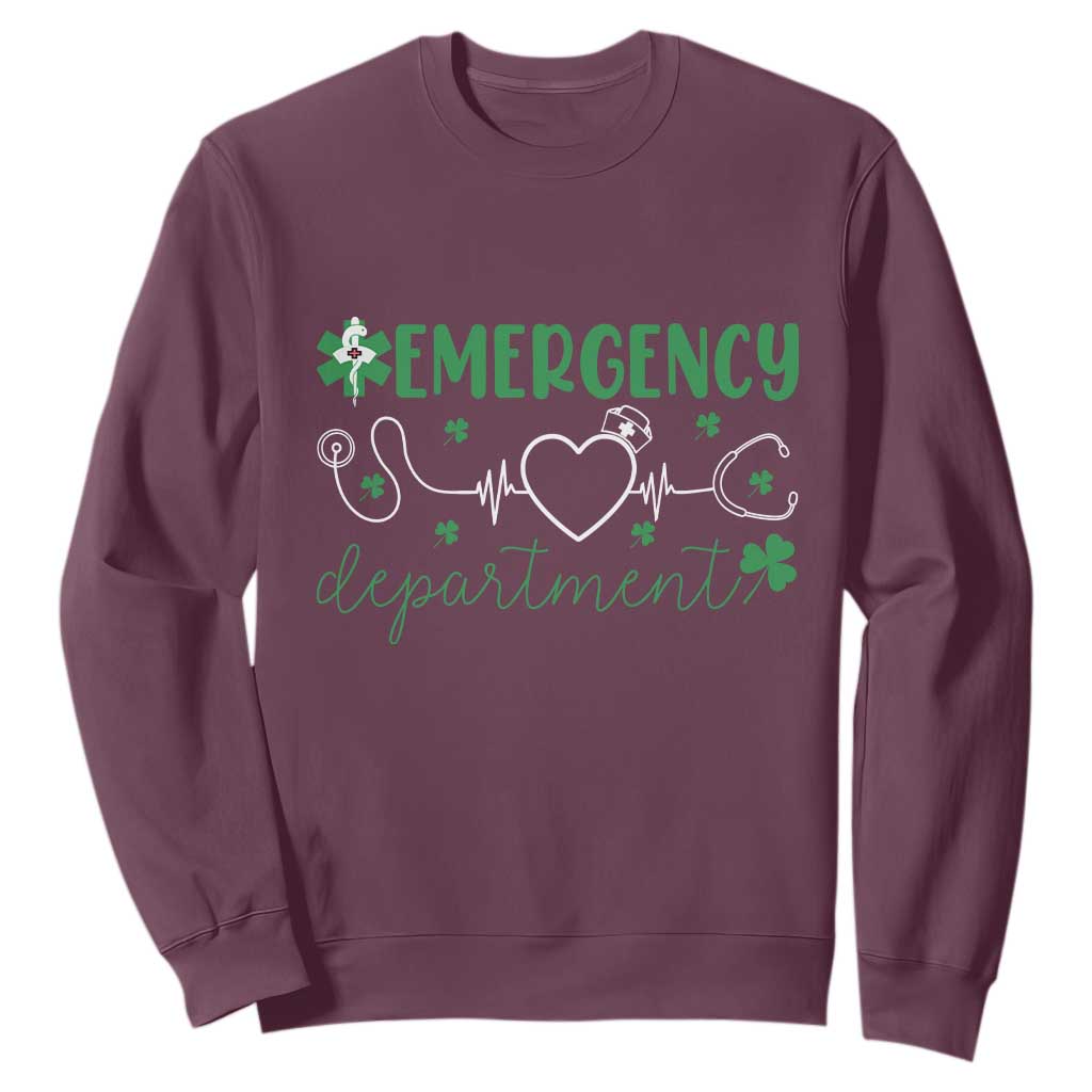 Funny St Patricks Day ER Nurse Sweatshirt Emergency Department Lucky Shamrocks TS02 Maroon Print Your Wear