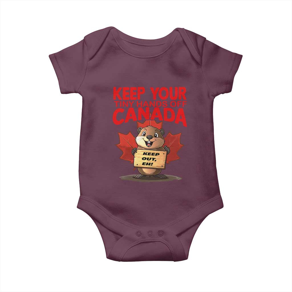 Keep Your Tiny Hands Off Canada Baby Onesie Not For Sale Canadian Maple Leaf Beaver TS02 Maroon Print Your Wear
