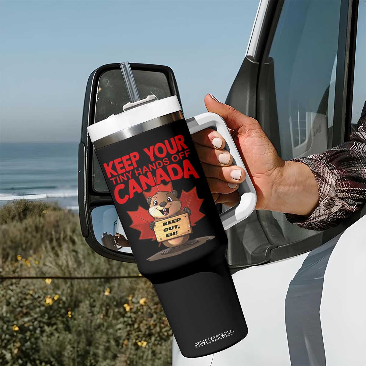 Keep Your Tiny Hands Off Canada Tumbler With Handle Not For Sale Canadian Maple Leaf Beaver TS02 Print Your Wear