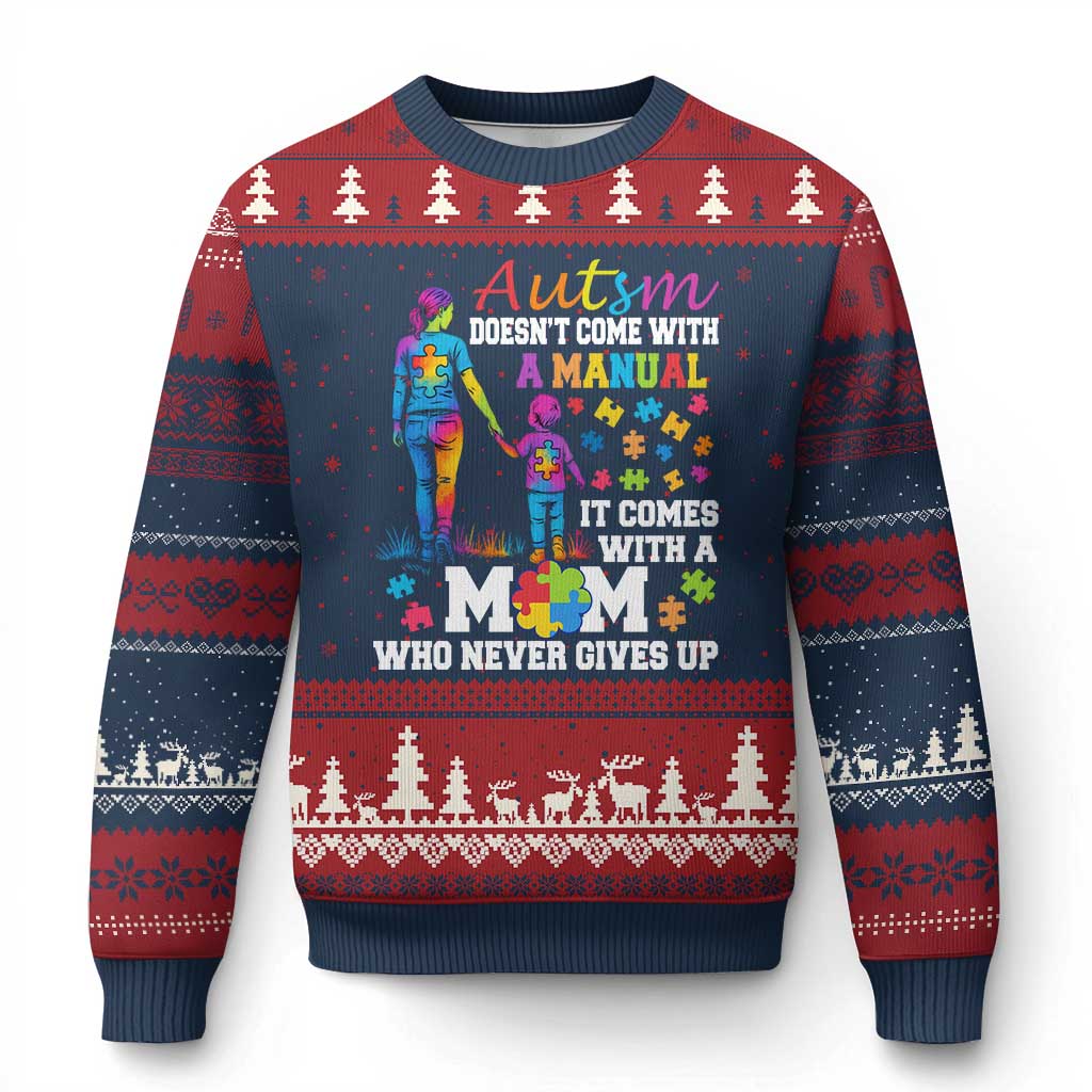 Autism Mom Ugly Christmas Sweater Who Never Gives Up Family Support Autistic TS02 Navy Red Print Your Wear