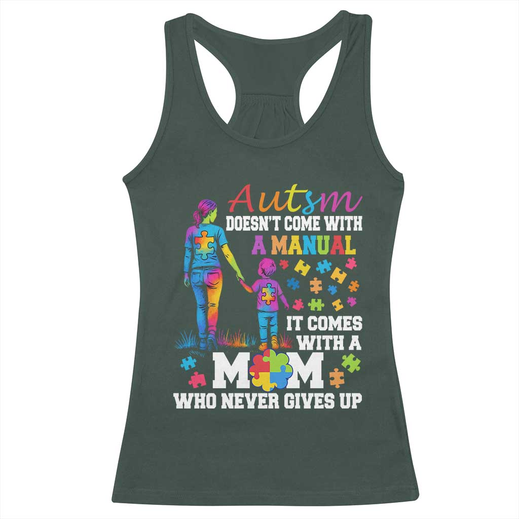 Autism Mom Racerback Tank Top Who Never Gives Up Family Support Autistic TS02 Dark Forest Green Print Your Wear