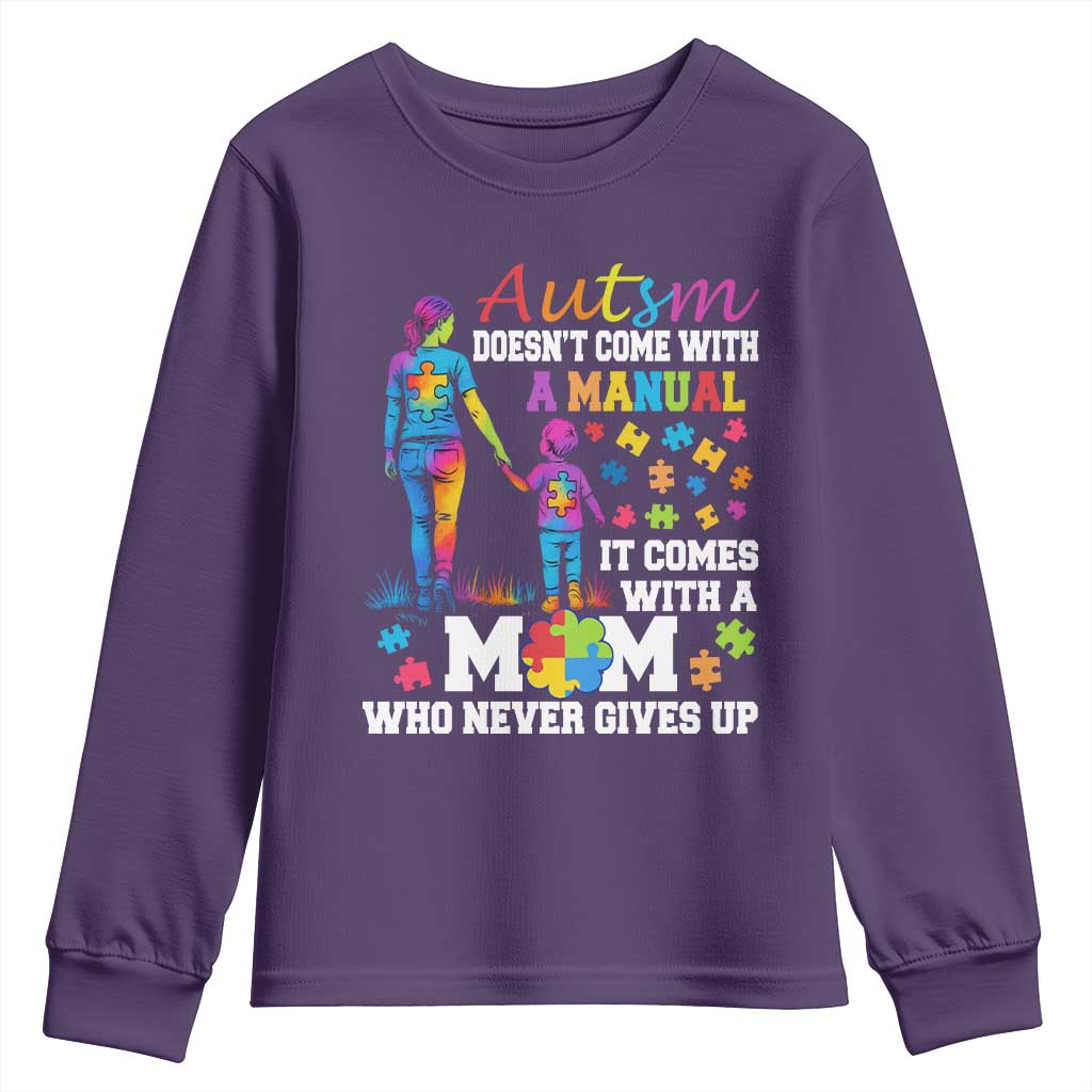 Autism Mom Youth Sweatshirt Who Never Gives Up Family Support Autistic TS02 Purple Print Your Wear
