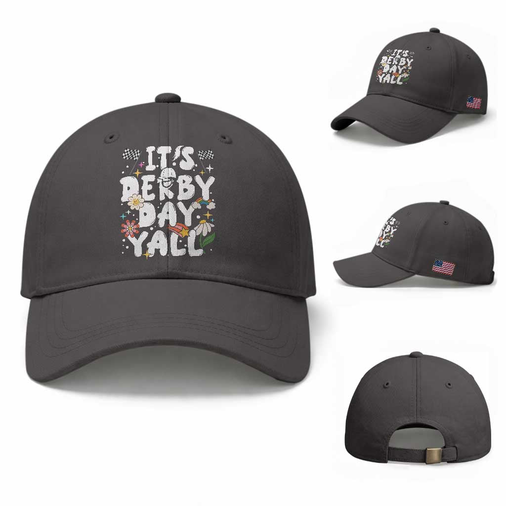 It's Derby Day Y'All Baseball Cap Retro Groovy KY Horse Racing TS02 Baseball Cap Universal Fit Dark Gray Print Your Wear
