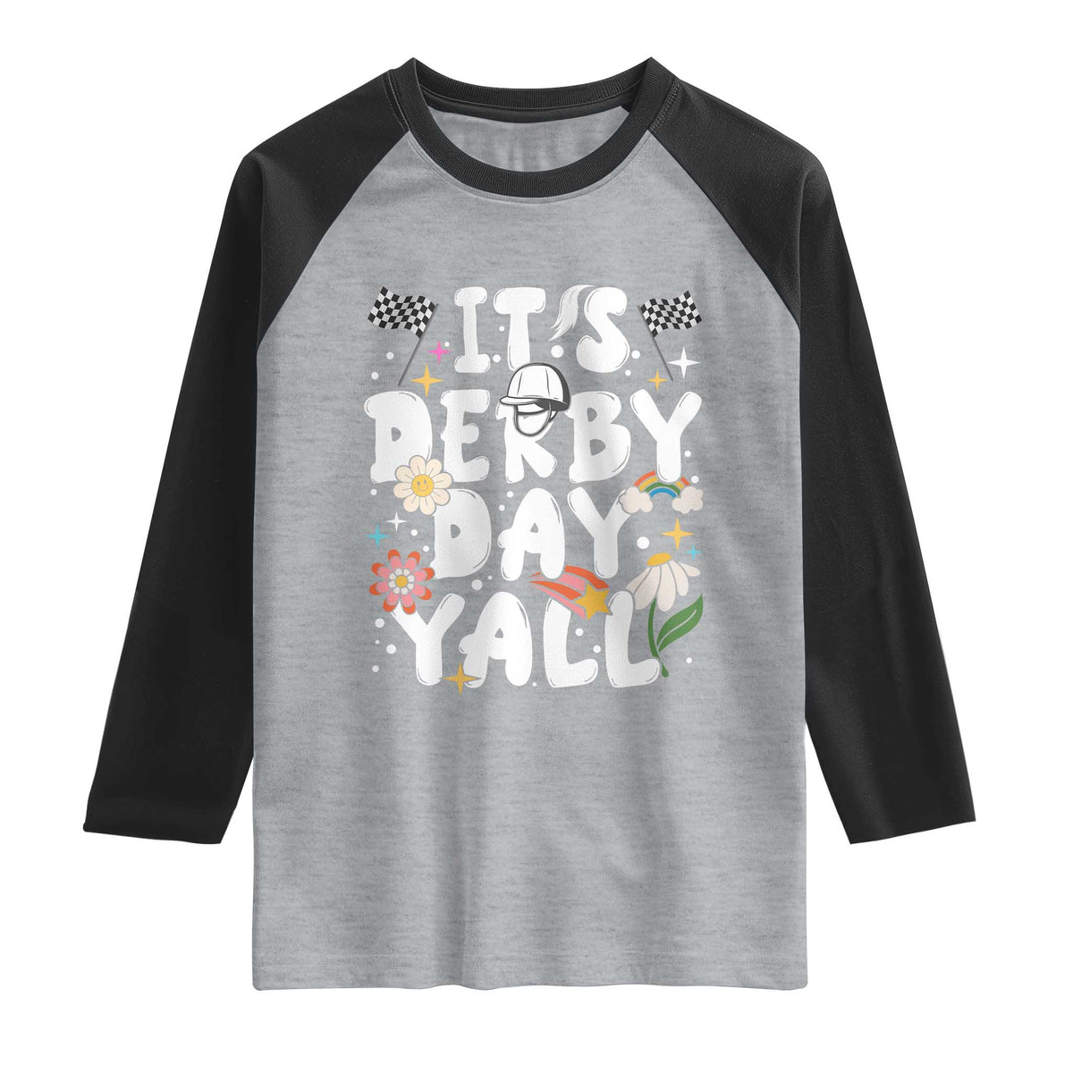 It's Derby Day Y'All Raglan Shirt Retro Groovy KY Horse Racing TS02 Heather Gray Black Print Your Wear