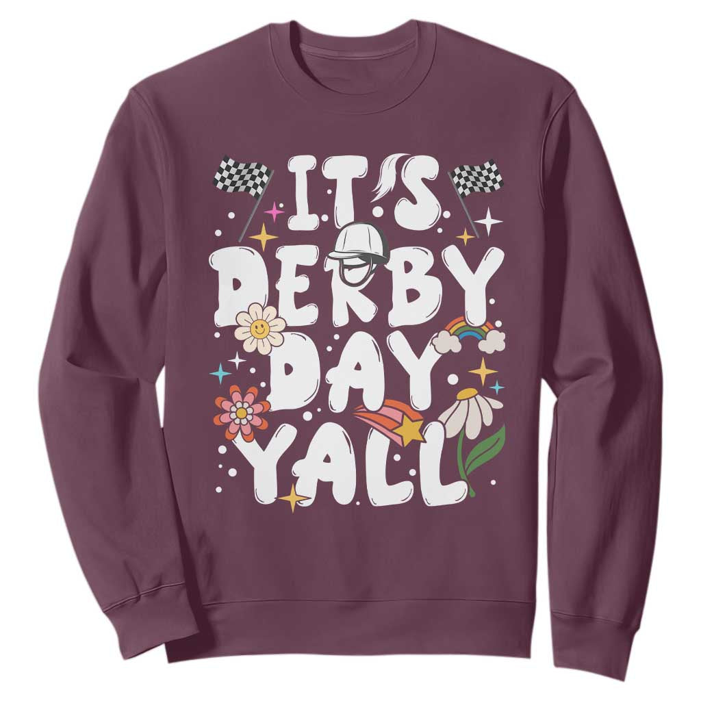 It's Derby Day Y'All Sweatshirt Retro Groovy KY Horse Racing TS02 Maroon Print Your Wear