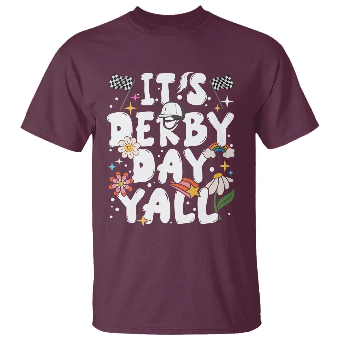 It's Derby Day Y'All T Shirt Retro Groovy KY Horse Racing TS02 Maroon Print Your Wear