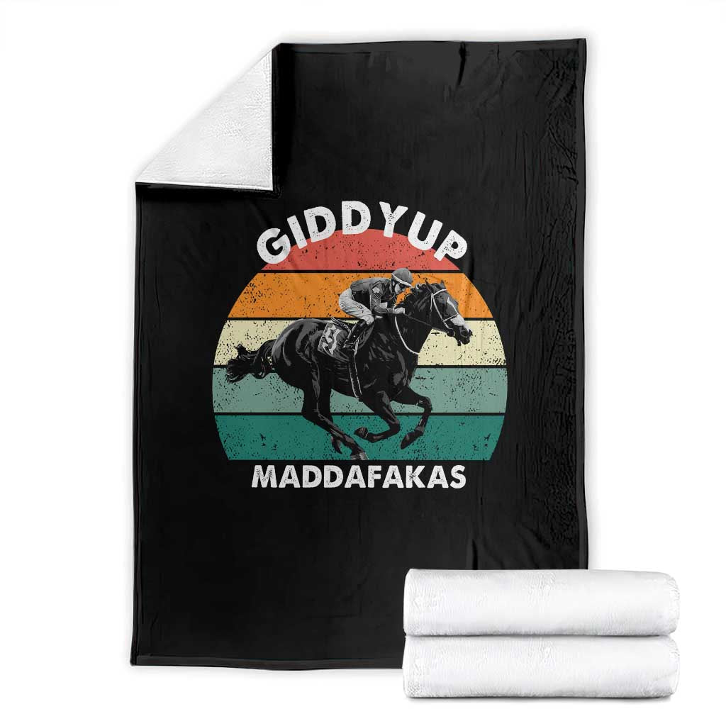 Giddy Up Madafakas Retro Sunset Horse Racing Throw Blanket Funny Sarcastic Equestrian Jockey Vintage 70s TS02 Black Print Your Wear