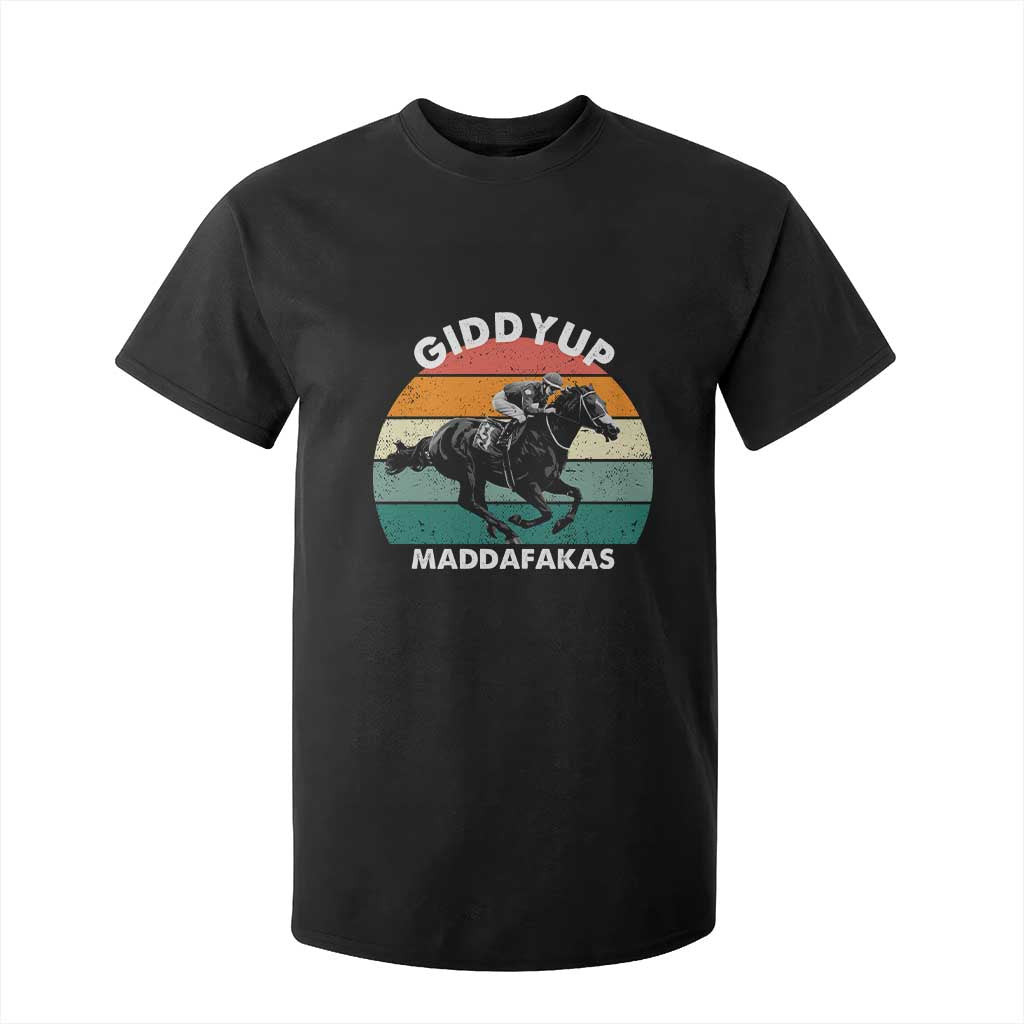 Giddy Up Madafakas Retro Sunset Horse Racing T Shirt For Kid Funny Sarcastic Equestrian Jockey Vintage 70s TS02 Black Print Your Wear