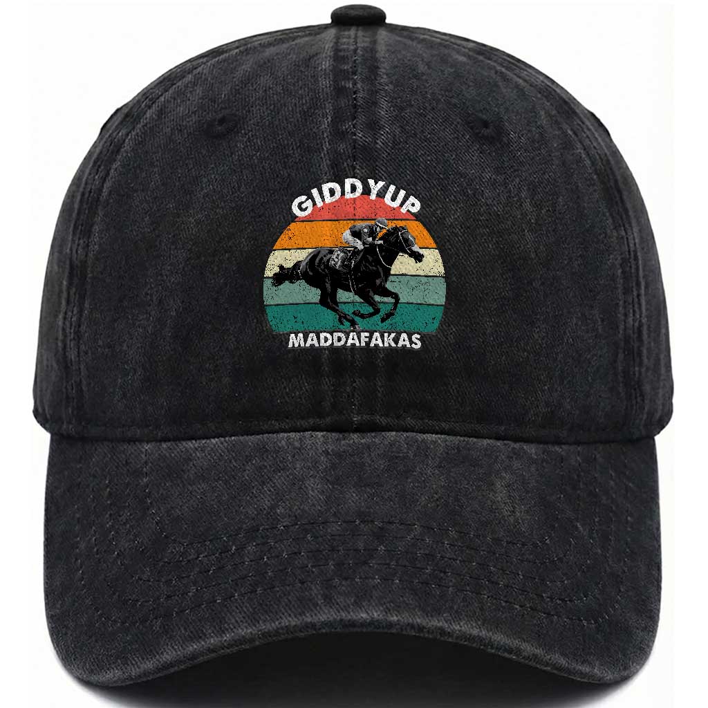Giddy Up Madafakas Retro Sunset Horse Racing Washed Cotton Baseball Cap Funny Sarcastic Equestrian Jockey Vintage 70s TS02 Print Your Wear