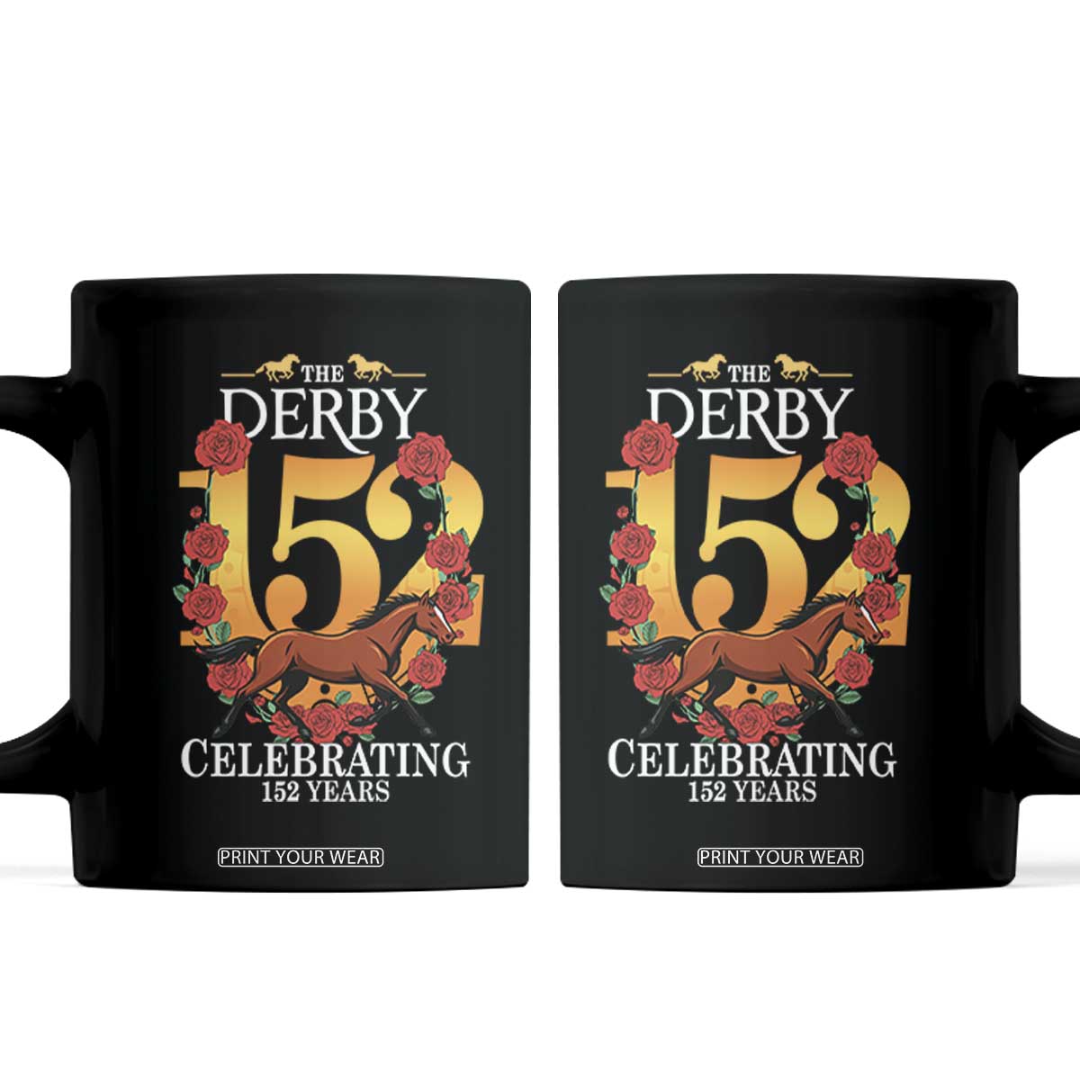 Celebrating 152 Years Horse Racing Anniversary Horseshoe Graphic Coffee Mug Elegant Run Lucky Charm Floral 152nd Anniversary TS02 Black Print Your Wear