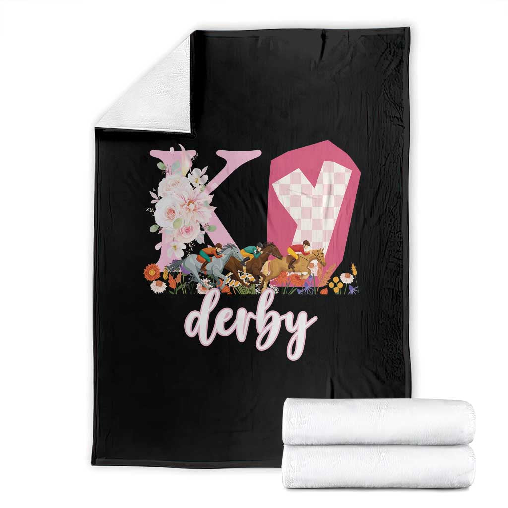 Retro Floral KY Horse Racing Graphic Throw Blanket Pink Gingham Southern Belle Derby Day Aesthetic TS02 Black Print Your Wear