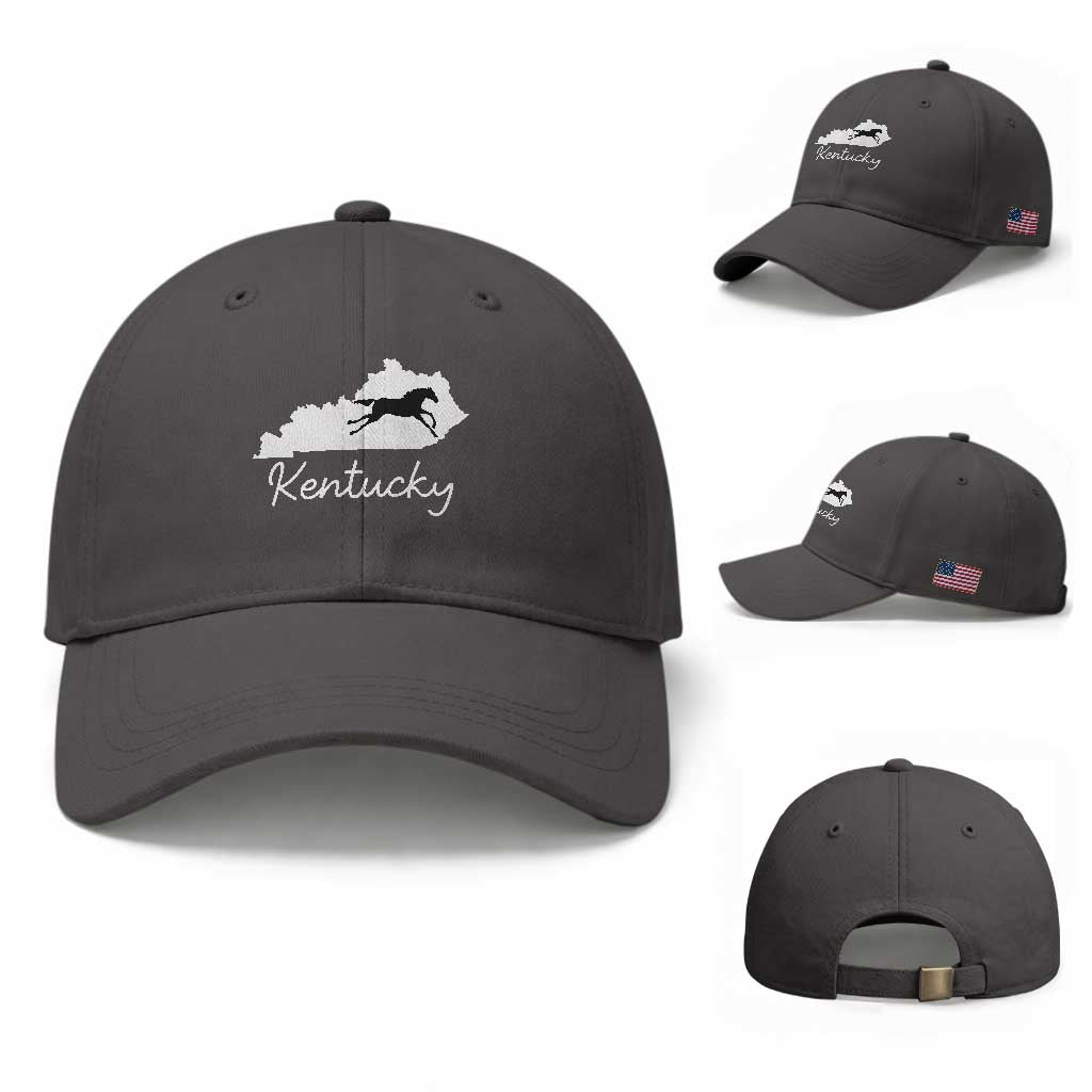Kentucky State Map with Racing Horse Baseball Cap Bluegrass State Pride Equestrian TS02 Baseball Cap Universal Fit Dark Gray Print Your Wear
