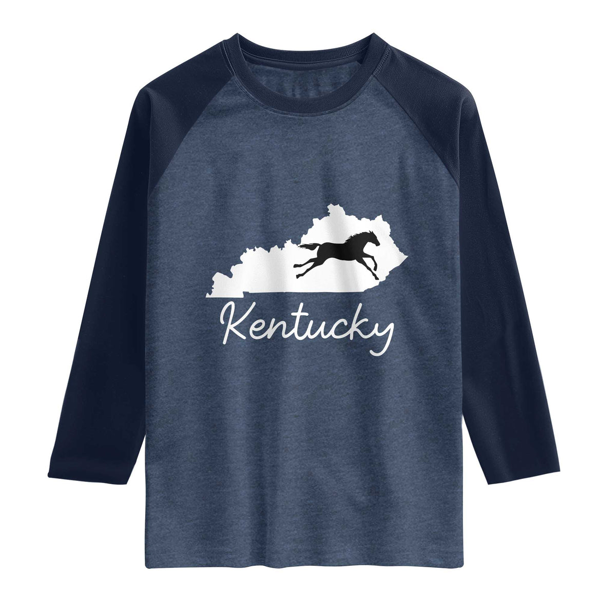 Kentucky State Map with Racing Horse Raglan Shirt Bluegrass State Pride Equestrian TS02 Heather Denim Navy Print Your Wear